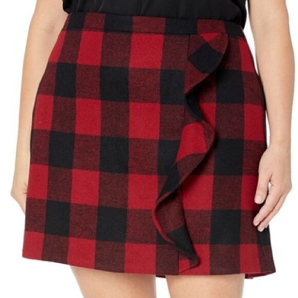 J. Crew Factory Red Black Buffalo Plaid Check Ruffle Side Mini Skirt - Picture 2 of 11